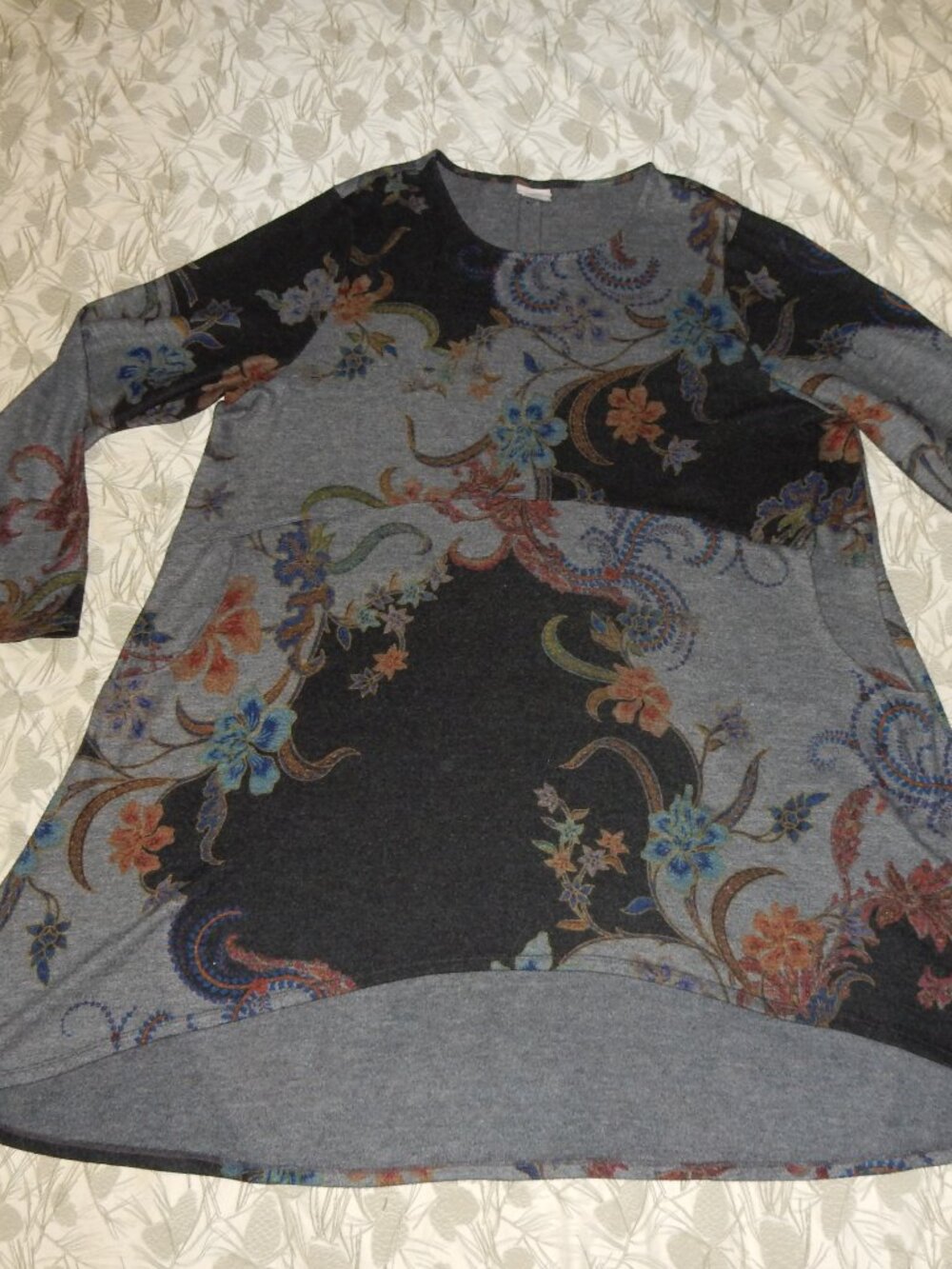 Chico's 3 XL dress tunic top l/s button detail pockets empire waist grey floral